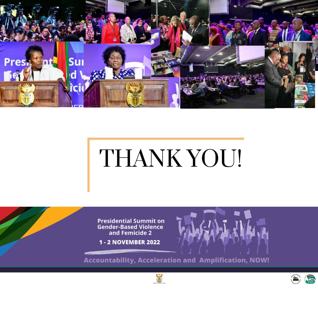 #gbvfsummit2022 

THANK YOU 🙏 

Thank you to everyone who took time to join the summit in-person and virtually 🙌

The collaborative efforts definitely gave us perspective on where are we on the NSP on GBVF.
#endGBVF #accountability #genderlens #gbvfsummit2022 #ZiyakhalaManje