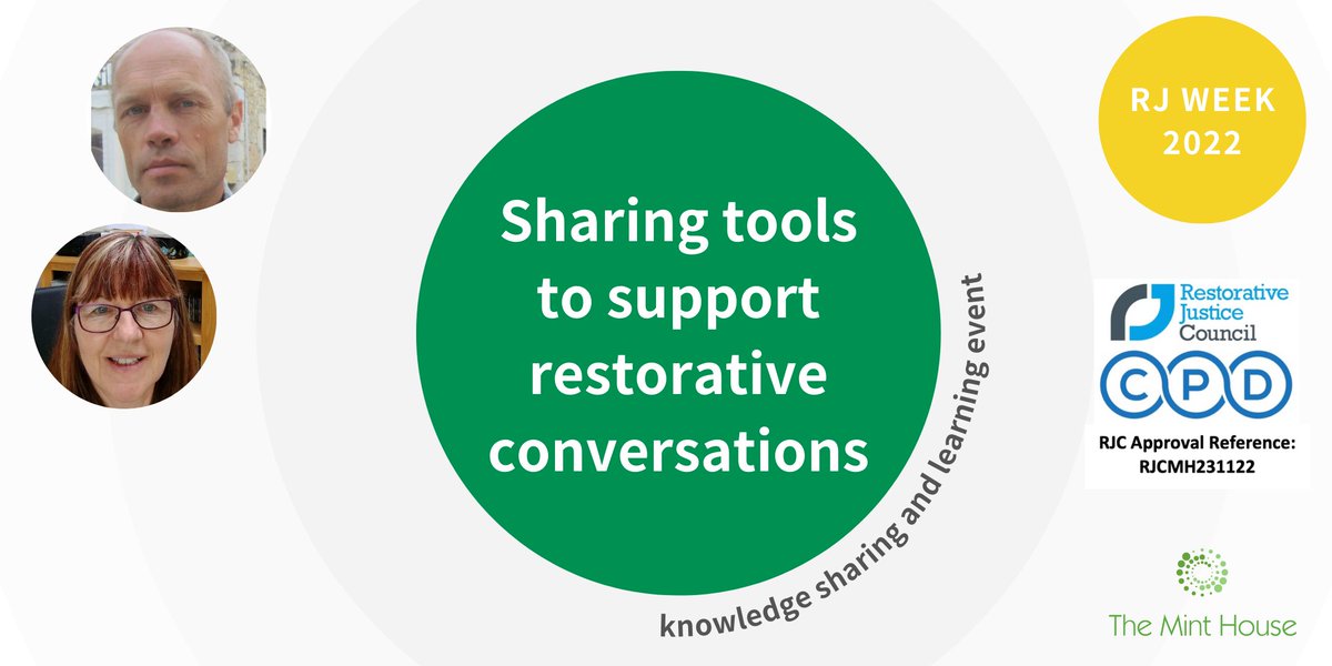 MintHouseRP's tweet photo. We are pleased to announce that this is now an @RJCouncil CPD approved event!
Sharing tools to support restorative conversations
Wed 23 Nov #RJWeek
10am-12pm (GMT)
Booking essential: https://t.co/1QFsu8Xe7x https://t.co/cIDTXdFw8v