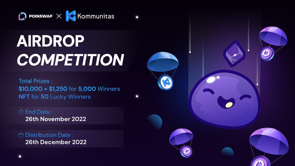 poinswap's tweet photo. Hi, everyone!

🟣 We have organized an #Airdrop giveaway for 
@poinswap
 by 
@Kommunitas1
 
🤩 We want to share a total of $10,000 + $1,250 with 5,000 winners and NFT for 50 lucky winners

Click here to join: https://t.co/0OVpAavUX6 https://t.co/KfRFBjLNFt