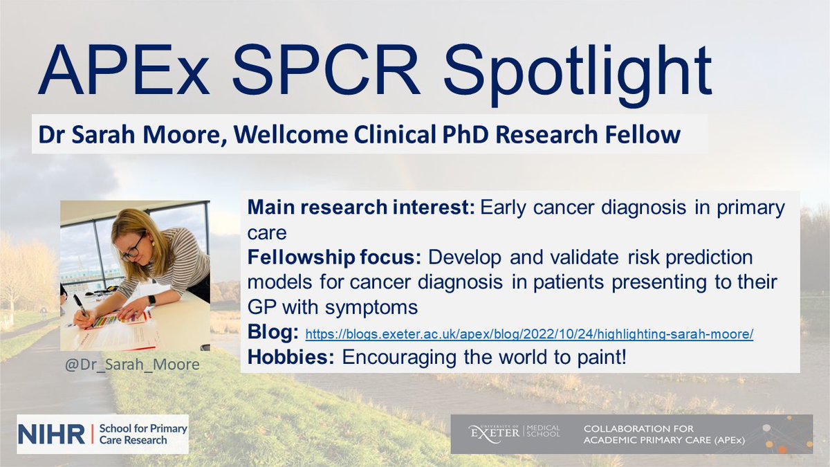 **APEx SPCR Spotlight**

Click to find out more about <a href="/Dr_Sarah_Moore/">Sarah Moore</a> and her <a href="/NIHRSPCR/">NIHR School for Primary Care Research</a> Wellcome Clinical PhD Research Fellowship plans, here: bit.ly/3TQezpy