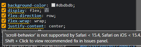 svish's tweet photo. @MSEdgeDev Having this "scroll-behavior is not supported by Safari"-warning on _every single CSS property everywhere_ is _super_ annoying and also makes it _impossible_ to know if there are any _other_ warnings hiding anywhere.😠
This _has to_ be a bug? ... please fix it? https://t.co/GPM868PGui