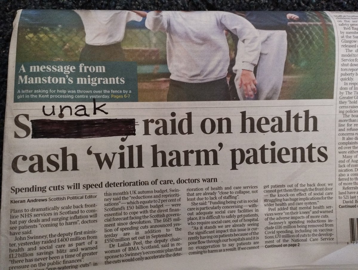 tozdee57's tweet photo. #TheTimes inadvertently misspelled #RishiSunak's name on their fron page in their #Scotland edition! How embarrassing! #getitright #upyou https://t.co/3kon7Y6TLP