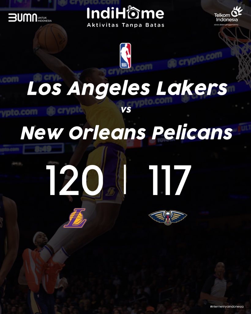 LA Lakers kembali melanjutkan tren positif mereka setelah menang tipis 120-117 atas New Orleans Pelicans. Selamat ya para Lakersnation🥳 #LakersWin #IndiHome