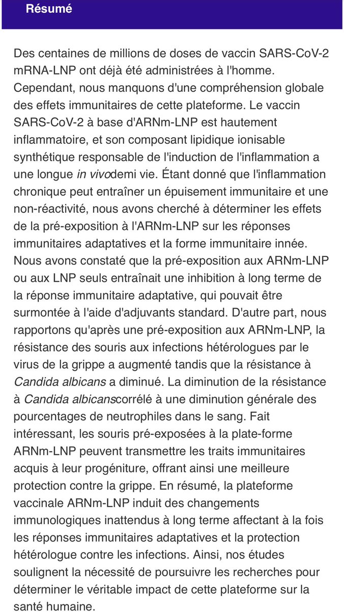 tatiann69922625's tweet image. Voilà c’est maintenant publié ! 😡⬇️

La pré-exposition à l&apos;ARNm-NPL inhibe les réponses immunitaires adaptatives et modifie la forme immunitaire innée de manière héréditaire ! Héréditaire !!!

journals.plos.org/plospathogens/…