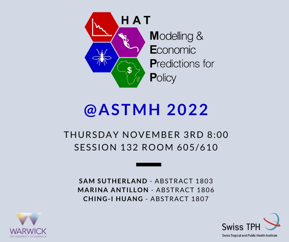 hatmepp's tweet photo. Come along to Session 132 (room 605/610) @ASTMH to see our HAT MEPP researchers present their work on sleeping sickness modelling and health economics in the Democratic Republic of Congo and Côte d'Ivoire #sleepingsickness #beatNTD #ASTMH #astmh2022 #IamTropMed https://t.co/pc1dTMj2Cf