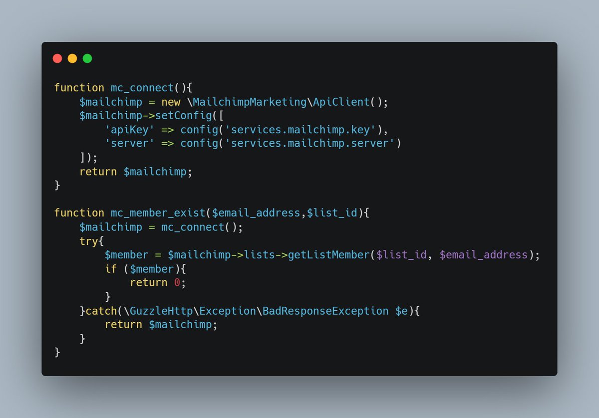 Created a helper on <a href="/laravelphp/">Laravel</a> to use <a href="/Mailchimp/">Intuit Mailchimp</a> API, used the official documentation.

#Laravel #php #web #programming #mailchimp