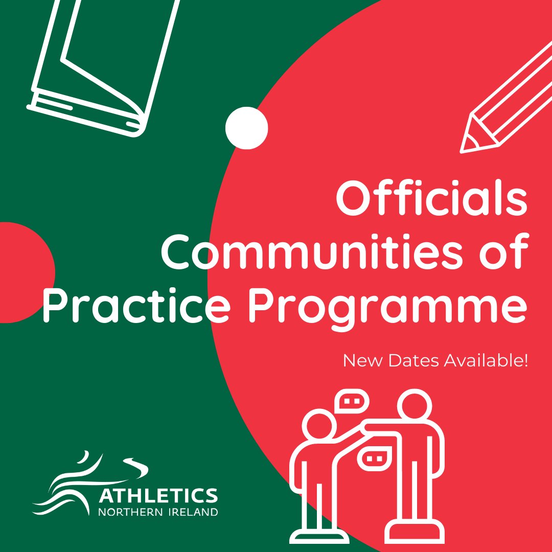 AthleticsNI's tweet photo. 📢 Official's Communities of Practice Programme (CoP) 📢
It's not too late to sign up to the CoP sessions this month!
See the dates for our upcoming workshops in our post.
Find out more 👇
https://t.co/XfyCfdJ3uz
#OfficalsWorkshop #OfficialDevelopment https://t.co/jISSojm3C5
