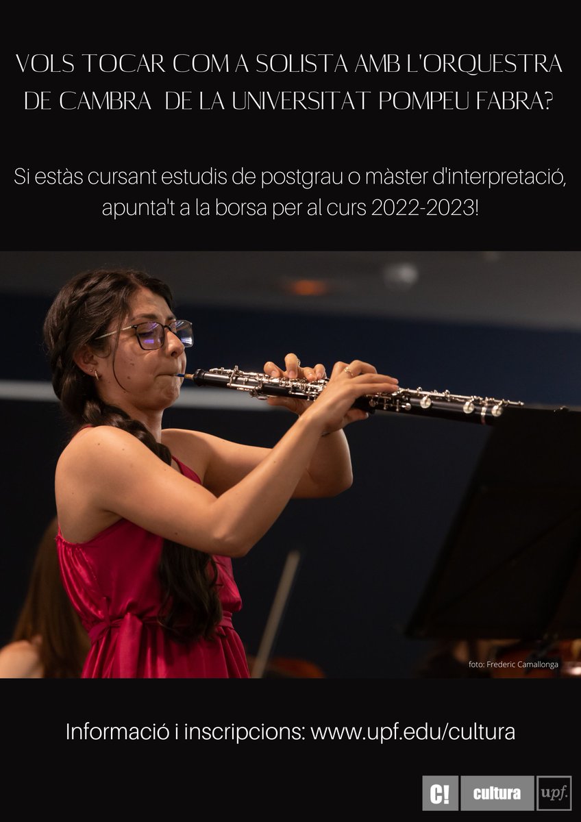 orquestraUPF's tweet photo. T'imagines tocar com a #solista? Vols viure aquesta experiència amb nosaltres? Apunta't a la borsa de solistes de l'Orquestra de Cambra de la #UPFBarcelona 2022/2023.
+ info: https://t.co/zyExKesuXD
Oboè: Karen González Castañeda
@esmuccat @ESMUCdigital @liceu1837 @assae_esmuc https://t.co/nTimgIOvcj