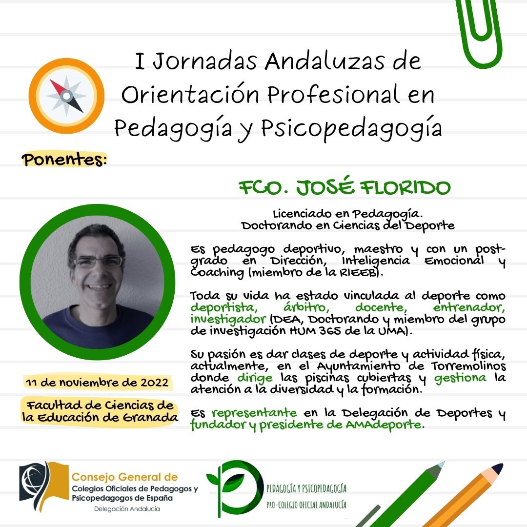 Francisco Florido es Pedagogo deportivo y parte de su trabajo se centra en dar a conocer el papel que debe tener la pedagogía en el deporte.
¡Nos vemos en Granada!
+info: coapype.wixsite.com/coapype/jornad…
#pedagogía #psicopedagogía #coapype #jornadasgranada11nov22 #JuntosSomosMasFuertes