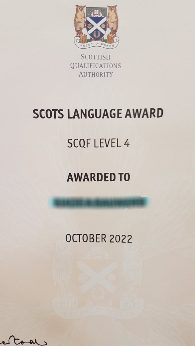 Affa prood o these gallus former S3 bairns wi their level 4 Scots Language Award certificates, efter choosing Scots in third year. 55 passed, an this Yr 84 chose it. An early qualification an guid skills tae hae! <a href="/sqanews/">Qualifications Scotland</a> <a href="/ScotsLeidNews/">Scots Language News</a> #scotslanguage