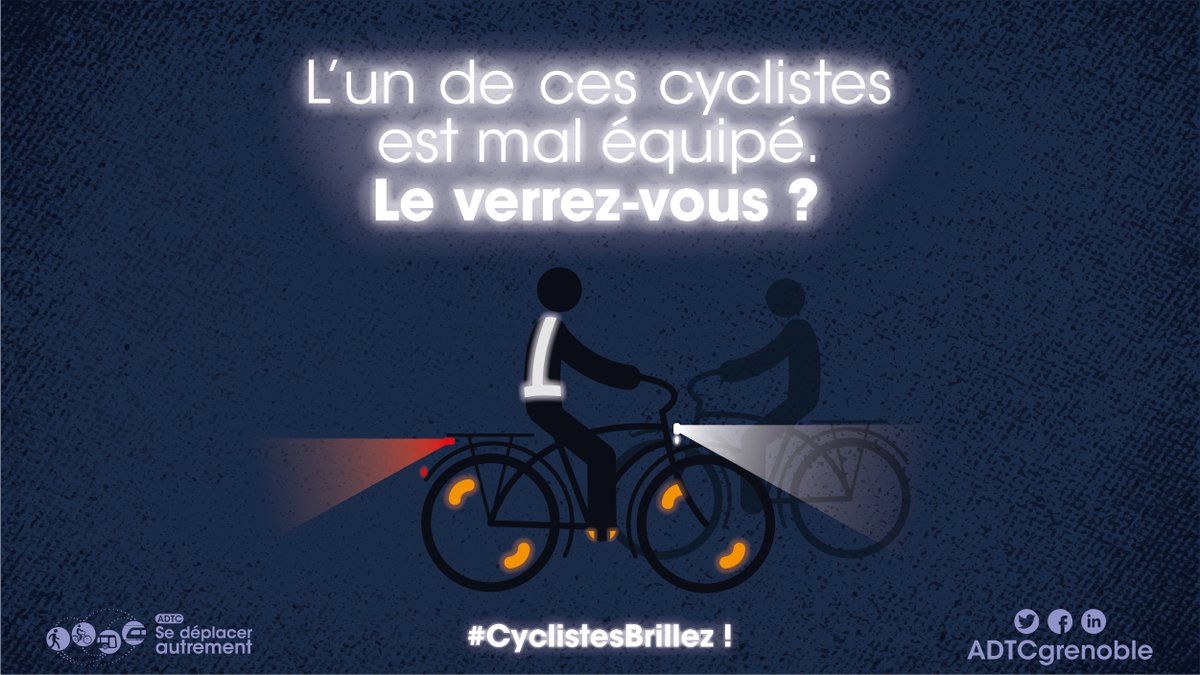 En novembre c'est la campagne #CyclistesBrillez de la FUB

Avec le changement d’heure, les déplacements à vélo se font parfois dans l’obscurité. 🌜🌃

Êtes vous bien équipé·e pour braver la nuit ?💡
Sinon, RT obligatoire !

Petits conseils à dérouler pour choisir son éclairage 👇