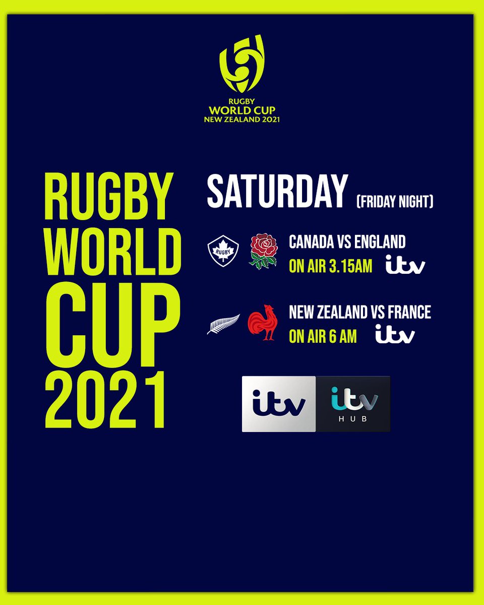 🏉🏆 𝗦𝗘𝗠𝗜-𝗙𝗜𝗡𝗔𝗟 𝗧𝗜𝗠𝗘 🏉🏆

🇨🇦 🆚 🏴󠁧󠁢󠁥󠁮󠁧󠁿
🇳🇿 🆚 🇫🇷

Both games are live on <a href="/ITV/">ITV</a> this Saturday ⏰