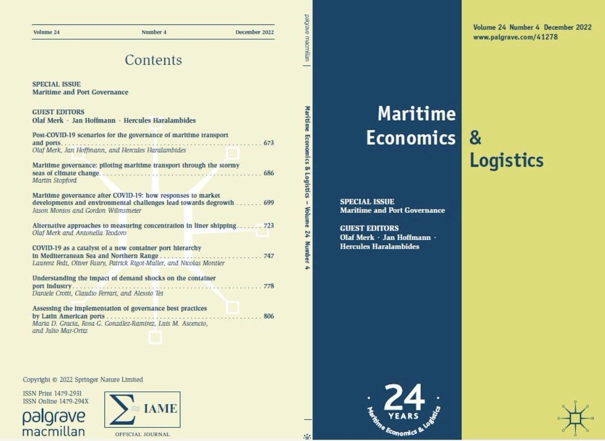 Forthcoming: special issue on Maritime and Port Governance in the academic journal Maritime Economics &amp; Logistics. Many thanks to <a href="/JanHoffmann_gva/">Jan Hoffmann</a> and <a href="/Haralambides/">Professor Hercules Haralambides</a> for this fruitful cooperation