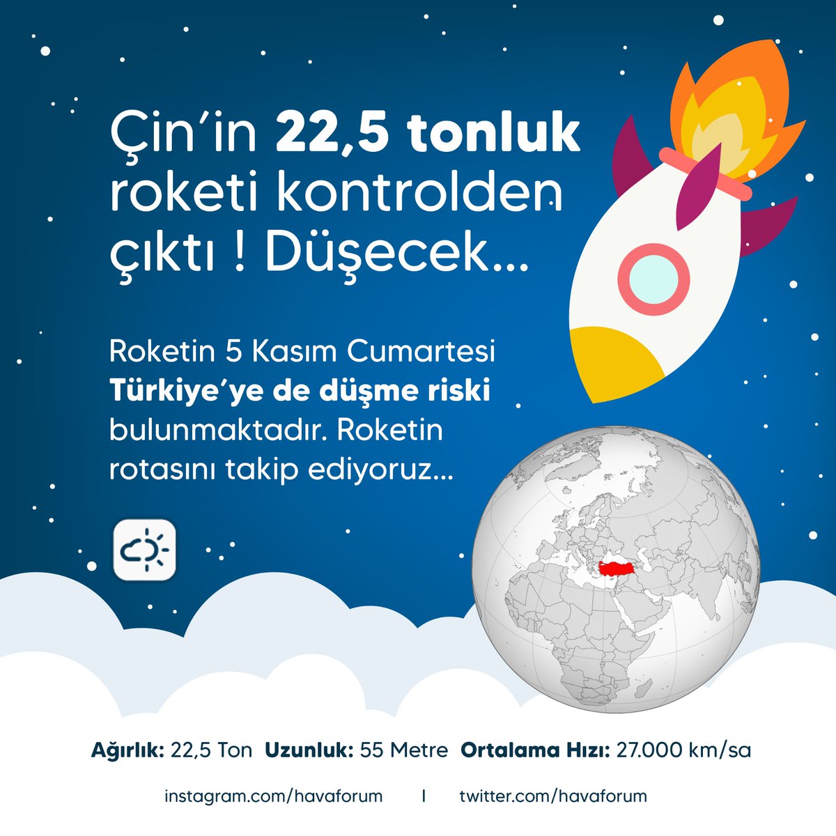 Son Dakika: ⚠️Çin roketi kontrolden çıktı. 55 metre uzunluğunda, 22,5 ton ağırlığındaki roketin cumartesi Dünya'ya düşmesi bekleniyor. Düşme riski olan yerlerden biri de Türkiye! Henüz düşüş yeri netleşmedi, takipteyiz... 🛰 #cinroketi
