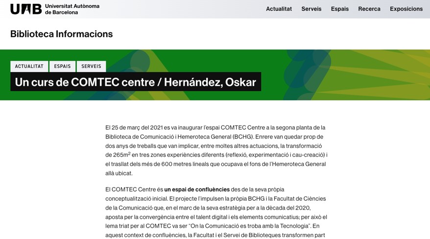 OskarHernandez_'s tweet photo. Comparteixo un article sobre el #ComTecUAB en el que explico les meves experiències articulant aquest espai d'innovació des de la biblioteca de la Facultat de Ciències de la Comunicació de la @UABBarcelona @FccUab @bchgUAB #biblioteques #innovació
https://t.co/yFnSxTDiKA https://t.co/hoaLoeUVfq