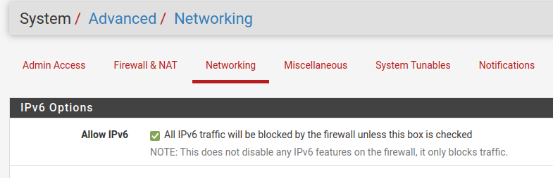 NoRouteToHost's tweet photo. @BradinTN @pfsense Assuming everything else is setup correctly there is a global option to allow IPv6, if its unchecked then it will block IPv6 traffic. The option is under System/Advanced/Networking. https://t.co/R6aDIn6GvL