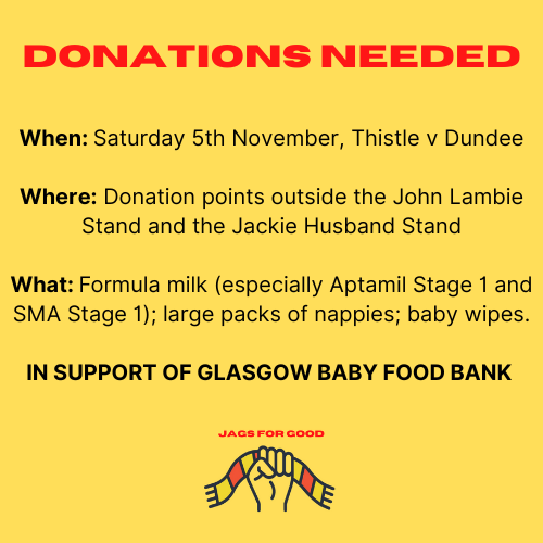 📢REMINDER: At Saturday's <a href="/PartickThistle/">Partick Thistle FC</a> game against <a href="/DundeeFC/">Dundee Football Club</a> we are asking for urgent donations of formula milk to <a href="/BabyfoodBank/">Glasgow babyfood bank limited</a>, who are based in Springburn. 

They are running desperately low and urgently need their stocks replenished. 

If you can then please help ❤️💛