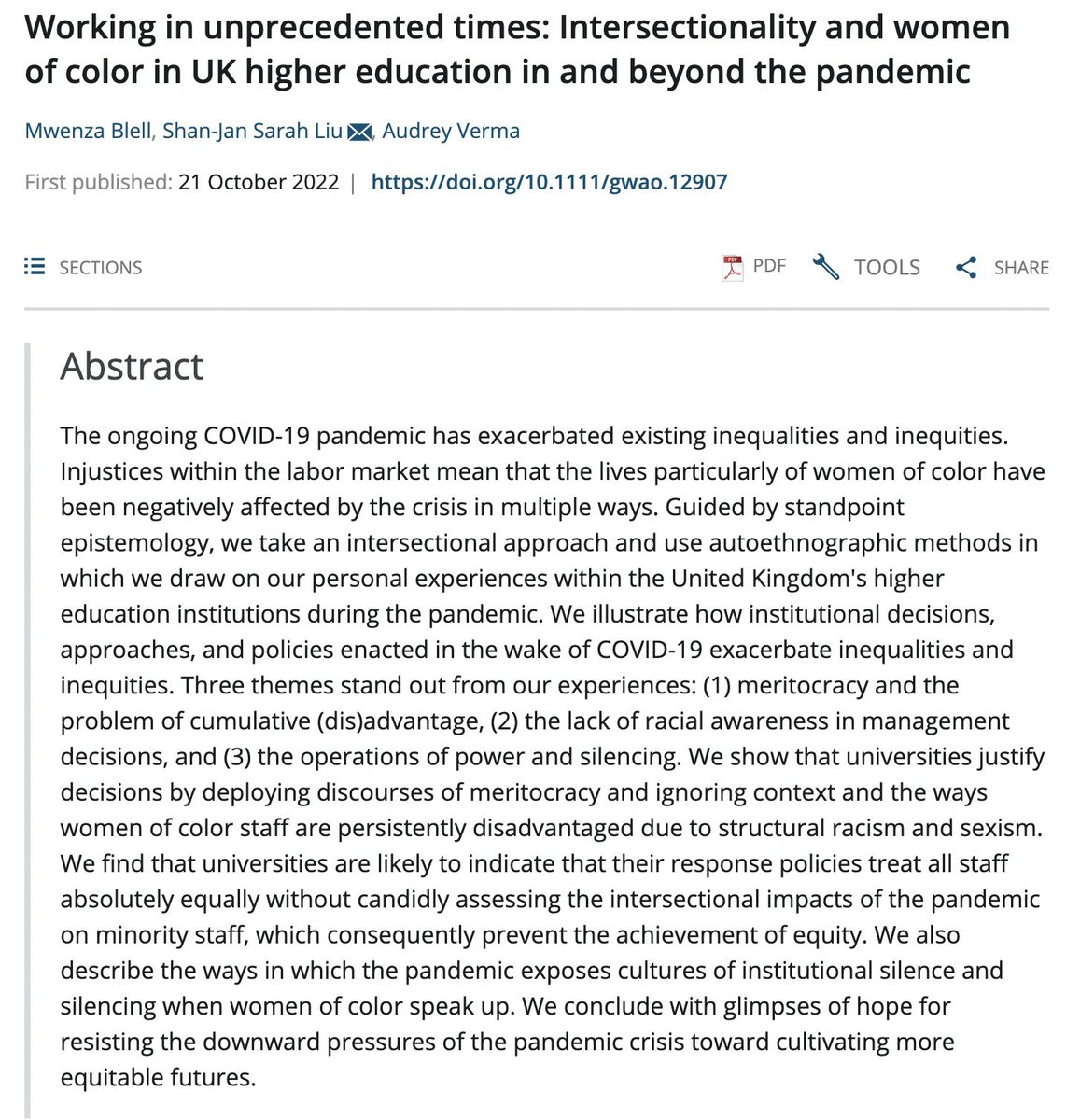 In this paper just published in <a href="/GenderWorkOrg/">Gender, Work & Organization</a>, <a href="/Menzwa/">Dr Mwenza Thandiwe Blell</a>, @awe_dwee, and I take an intersectional approach and detail our experiences working as women of color in higher education during the pandemic. If you only have time to read one thing I have written, let it be this one. A 🧵