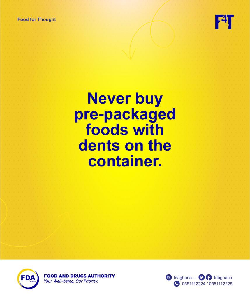 To ensure the safety of your health, here’s a little tip! Eating foods from dented cans can lead to botulism which is a deadly form of food poisoning that attacks the nervous system #FDAGhana #FDAthisfestiveseason #winningpublicconfidence