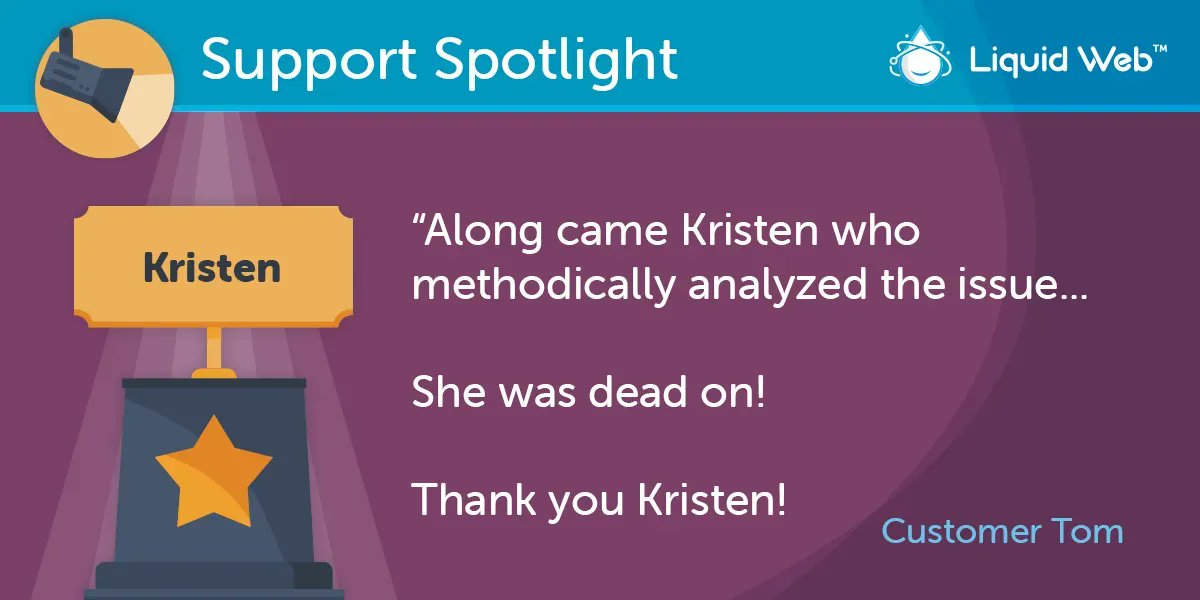LiquidWeb's tweet image. Kristen gets to the bottom of every issue one step at a time!

#MostHelpfulHumansInHosting #MostHelpfulHumans #LiquidWebSupport #Support #SupportSpotlight