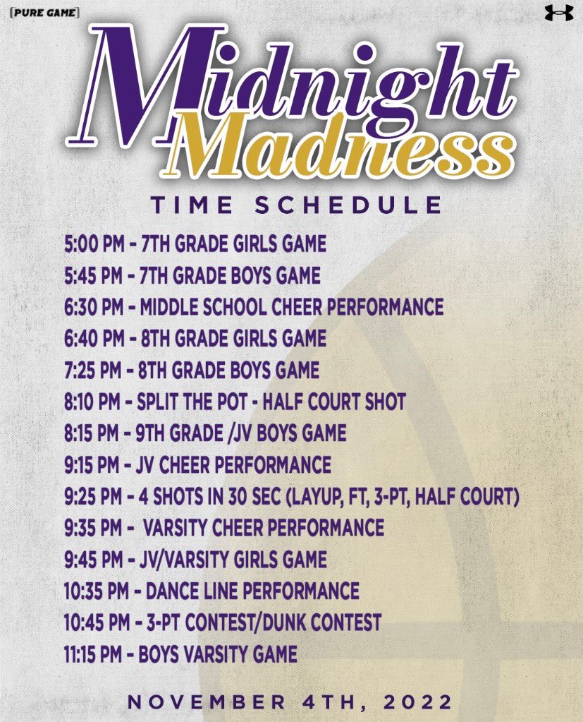 SvlhsHoops's tweet image. Tomorrow is the day! Here is the Midnight Madness time schedule! See you there!