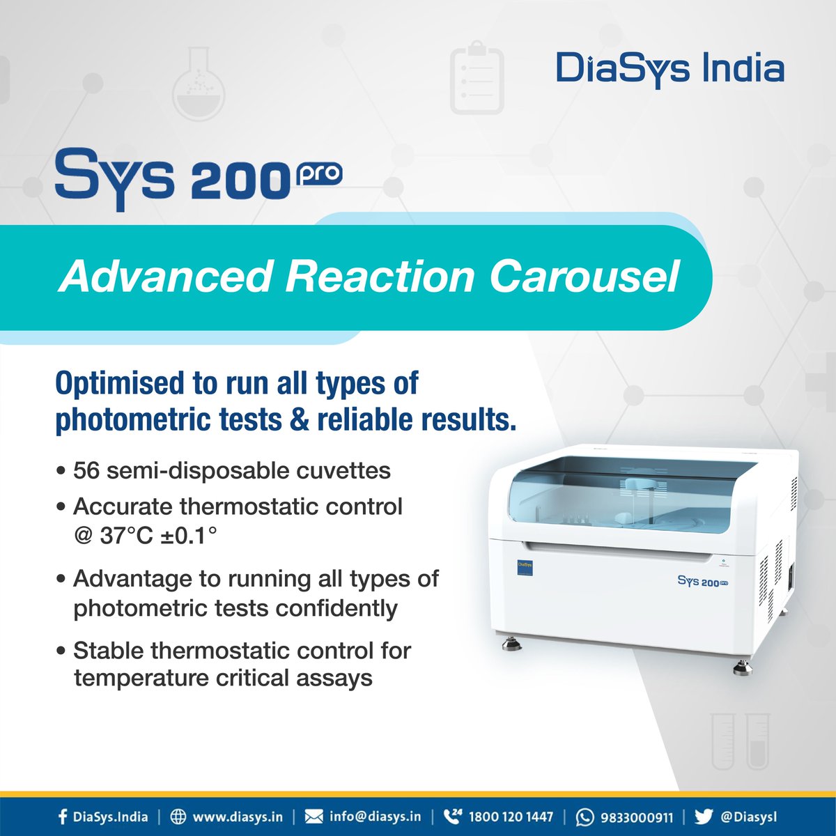 DiasysI's tweet photo. Reagents are an integral part of the complete clinical chemistry system and help to deliver accurate results. SYS 200 Pro offers excellent onboard and calibration stability usually you can find in high throughput analyzers.
#sys200 #diasyssolution #Diasys #DiagnoseDisease https://t.co/29bREE6k9s