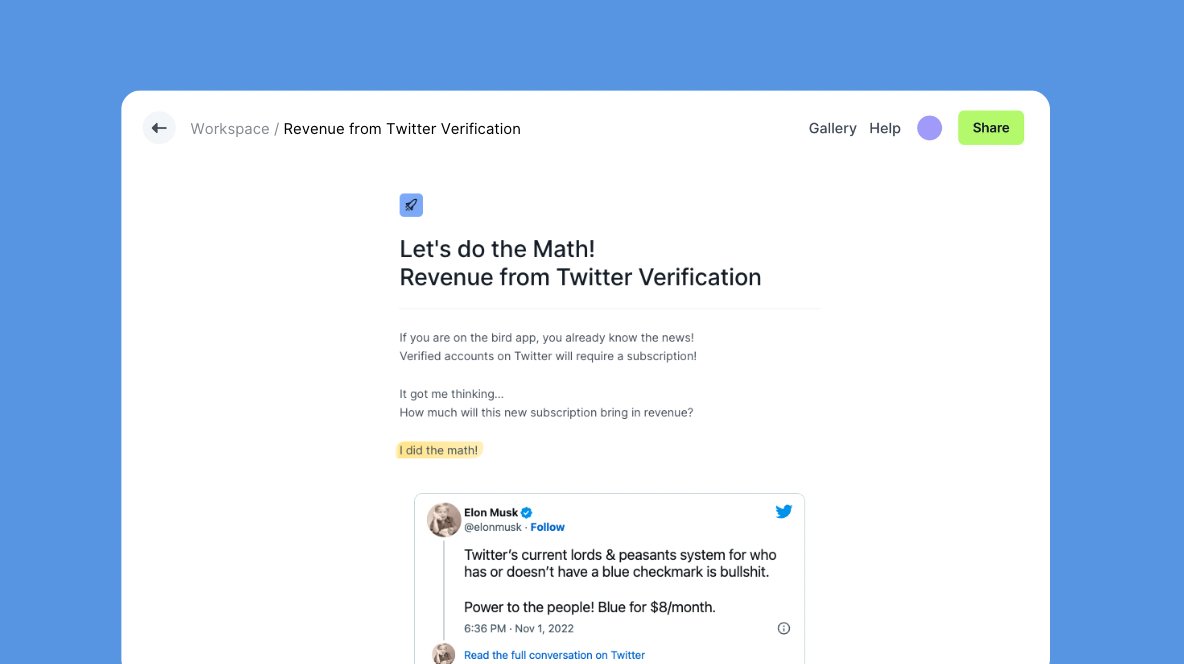 decipad's tweet image. How are you feeling about paying $8/month for a blue tick? We&apos;re sure @elonmusk is feeling great! 

But how great, exactly? @simaogdias #DidTheMath! How much revenue could Twitter bring in with this change? Click the link below and find out.👇🏼

bit.ly/3DXuwos