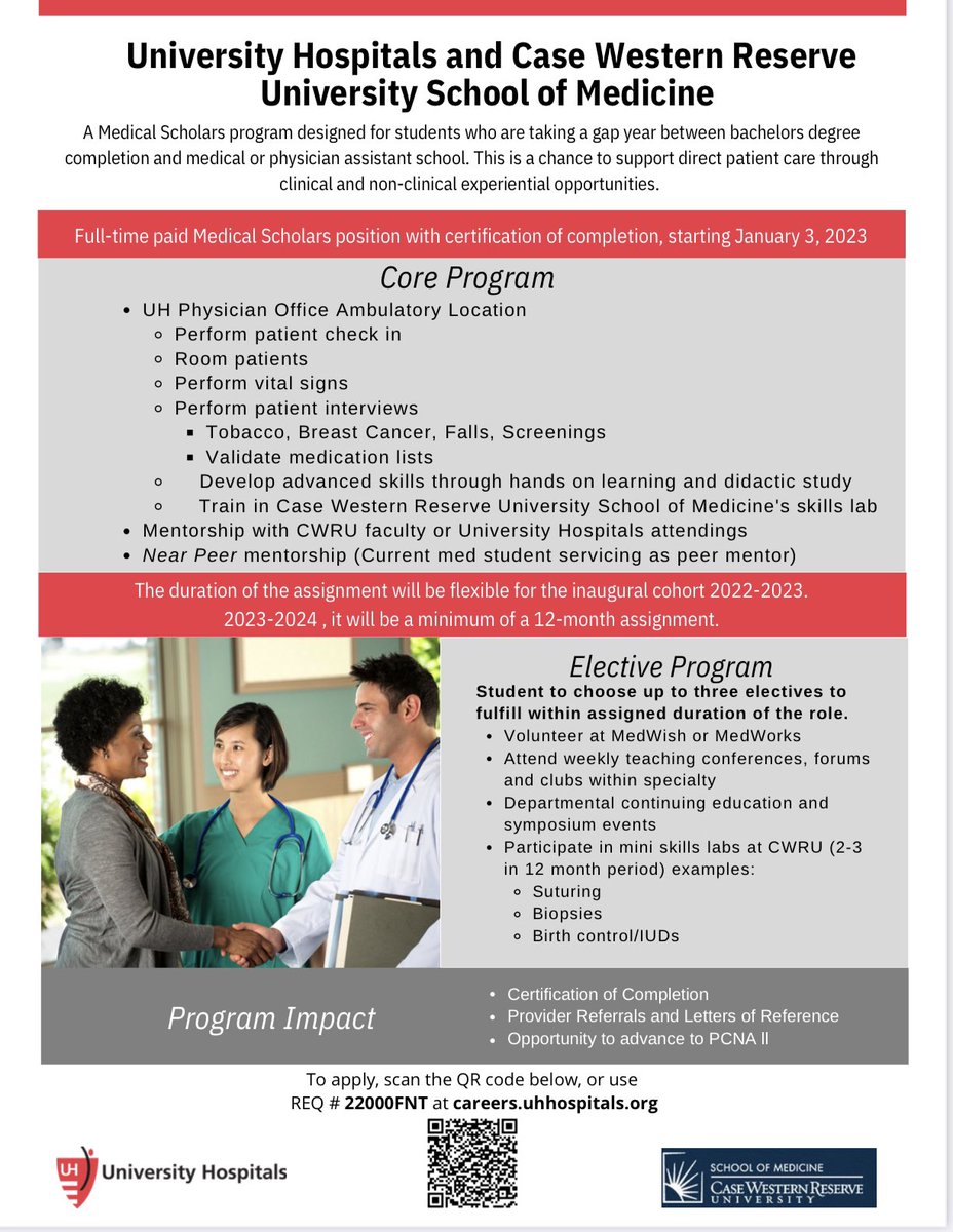 Attention PreMed and PrePA students looking for opportunities prior to applying or reapplying. Excited to announce the Medical Scholars program in partnership with @UHhospitals & @cwru If you know anyone who may be interested please encourage them to apply !!