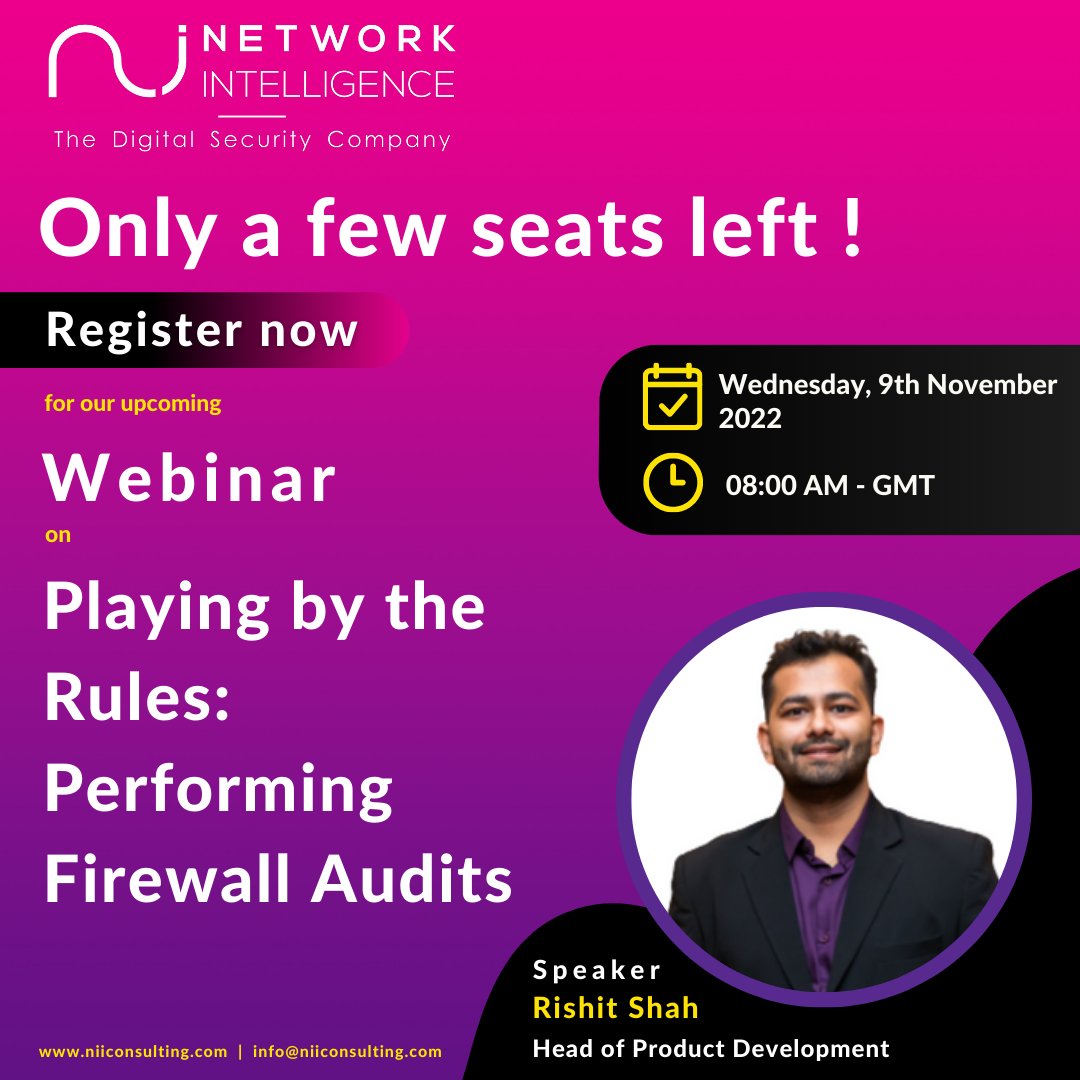 niiconsulting's tweet photo. Only a few seats left!

Have you registered yet? Register here https://t.co/3rs61xh5Qi to join our upcoming #webinar on Playing by the Rules: Performing Firewall Audits.

Date &amp; Time: Wednesday, 9th November 2022, 8:00 AM - GMT

#NetworkIntelligence #Cybersecurity #FireSec https://t.co/dQ3B0CyF70