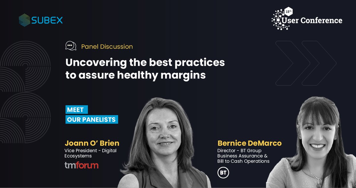 subex's tweet photo. Join us at the #SubexUC22 as Joann O'Brien, VP of Digital ecosystem, @tmforumorg, &amp; Bernice DeMarco, Director of @bt_uk, Business Assurance &amp; Bill to Cash Operations, discusses the latest trends for #CSPs in #MarginAssurance.

https://t.co/VBDOtN5f4y

#BusinessAssurance #Telecom https://t.co/llpLYWqMOt