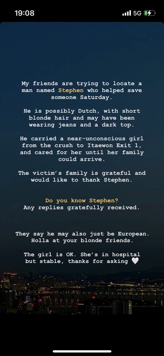jeongminnkim's tweet photo. Hello all, got this from a friend trying to spread the word. 

An Itaewon crowd crush survivor is looking for a man named Stephen — short blonde hair — who carried her and cared for her when she was near-unconscious on Saturday.

Her family wants to thank him &amp; return his jacket: https://t.co/rqTW4SsiXQ