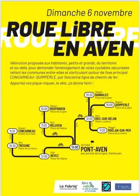 Vélorution "En roue Libre en Aven"
Concarneau - Quimperlé
Marre de risquer votre peau à vélo lors de vos dépl. quotidiens en milieu rural sur routes départementales? 
Infos kernavelo.org/roue-libre-en-…