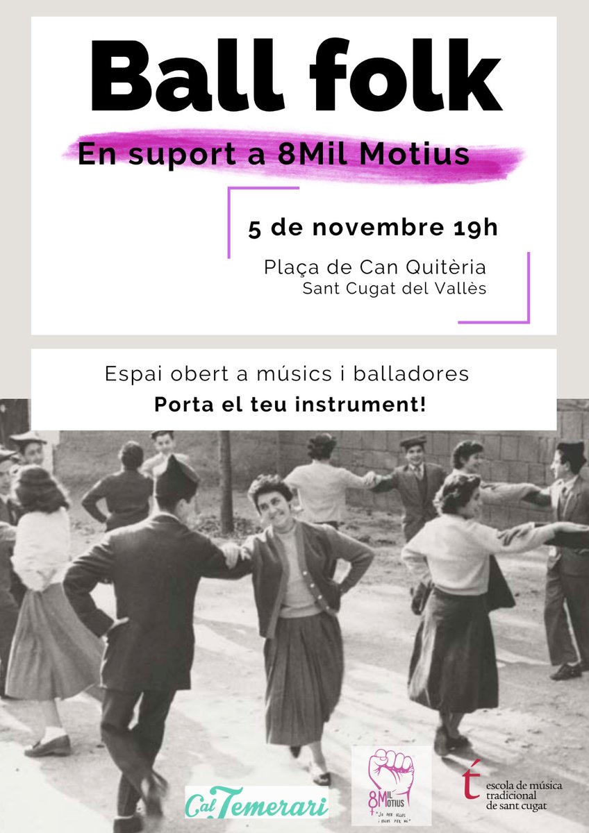 🎉Aquest dissabte TORNEM!🎉

Ens podreu trobar a la barra d'aquest acte organitzat per <a href="/CalTemerari/">Cal Temerari</a>  i <a href="/emtsc_emtsc/">emtsc</a>. Els beneficis aniran a la caixa de resistència de <a href="/8MilMotius/">8 Mil Motius</a>. 💜

Porteu ganes de ballar i el vostre instrument 🪗🪘🪕