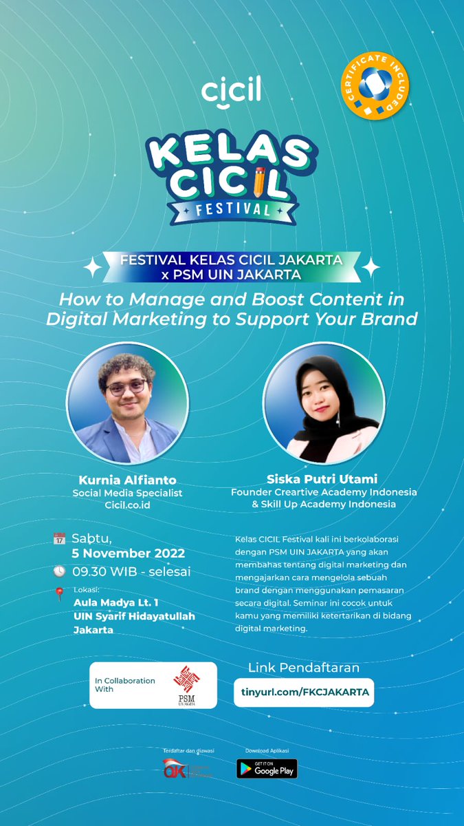 SEMINAR DIGITAL MARKETING

Festival Kelas CICIL X PSM UIN Jakarta
Mempersembahkan

𝐇𝐨𝐰 𝐭𝐨 𝐌𝐚𝐧𝐚𝐠𝐞 𝐚𝐧𝐝 𝐁𝐨𝐨𝐬𝐭 𝐂𝐨𝐧𝐭𝐞𝐧𝐭 𝐢𝐧 𝐃𝐢𝐠𝐢𝐭𝐚𝐥 𝐌𝐚𝐫𝐤𝐞𝐭𝐢𝐧𝐠 𝐭𝐨 𝐒𝐮𝐩𝐩𝐨𝐫𝐭 𝐘𝐨𝐮𝐫 𝐁𝐫𝐚𝐧𝐝