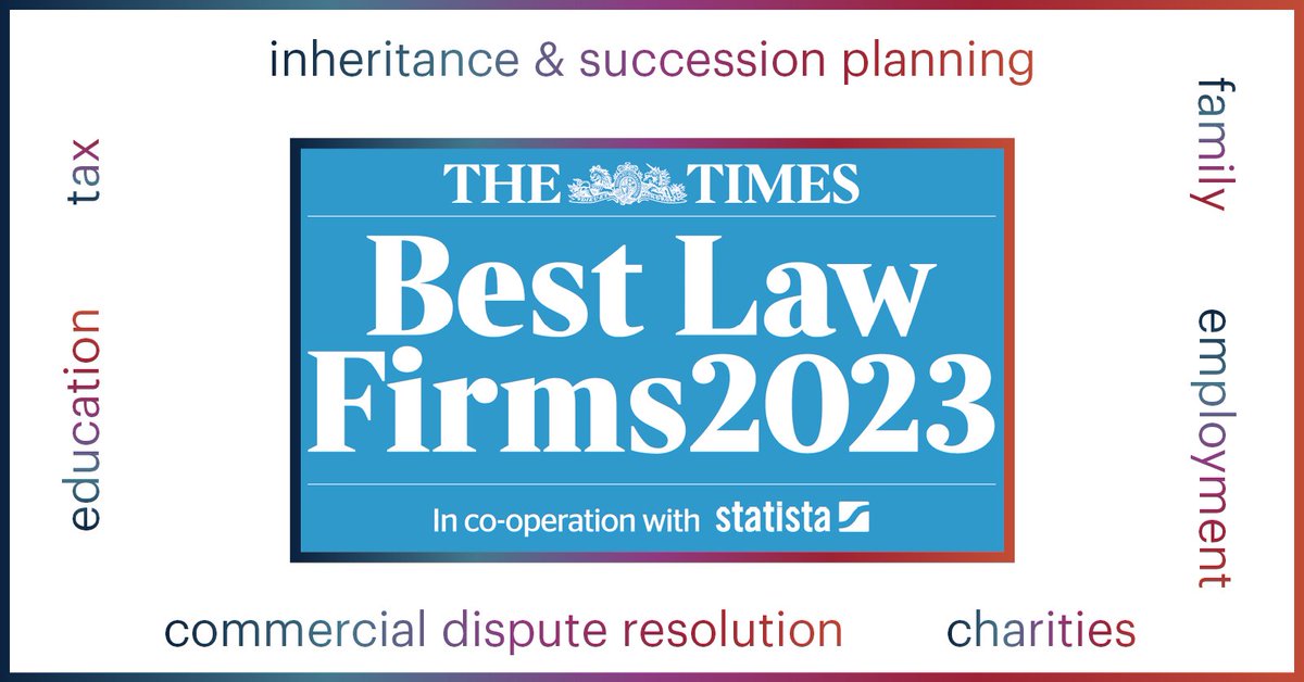 We’re delighted to be listed in <a href="/thetimes/">The Times and The Sunday Times</a>  Best Law Firms 2023 feature. With special endorsement for our work in charities, commercial dispute resolution, education, employment, family, inheritance and succession planning, and tax. 
thetimes.co.uk/article/best-l…