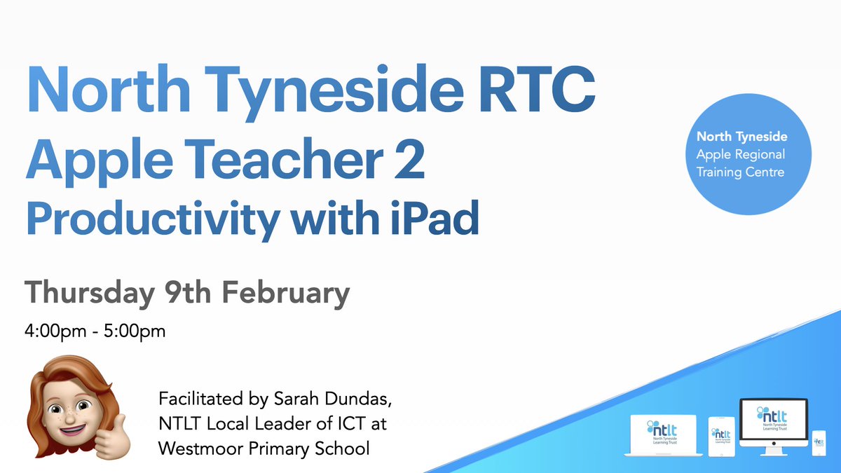 NTAppleRTC's tweet photo. Our #AppleTeacher Events are now live on Eventbrite! We are delighted that @MrsDundas85, our @NTLearningTrust Local Leader for IT, will be leading these courses at @westmoorprimary! Sign up for your FREE place here: https://t.co/Jn0J8YYdjN https://t.co/6CvCX2lyAE