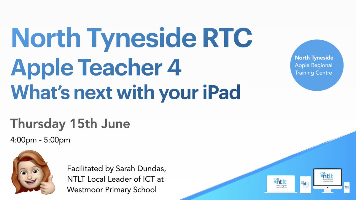 Our #AppleTeacher Events are now live on Eventbrite! We are delighted that <a href="/MrsDundas85/">Sarah</a>, our <a href="/NTLearningTrust/">North Tyneside Learning Trust</a> Local Leader for IT, will be leading these courses at <a href="/westmoorprimary/">Westmoor Primary</a>! Sign up for your FREE place here: eventbrite.co.uk/o/north-tynesi…
