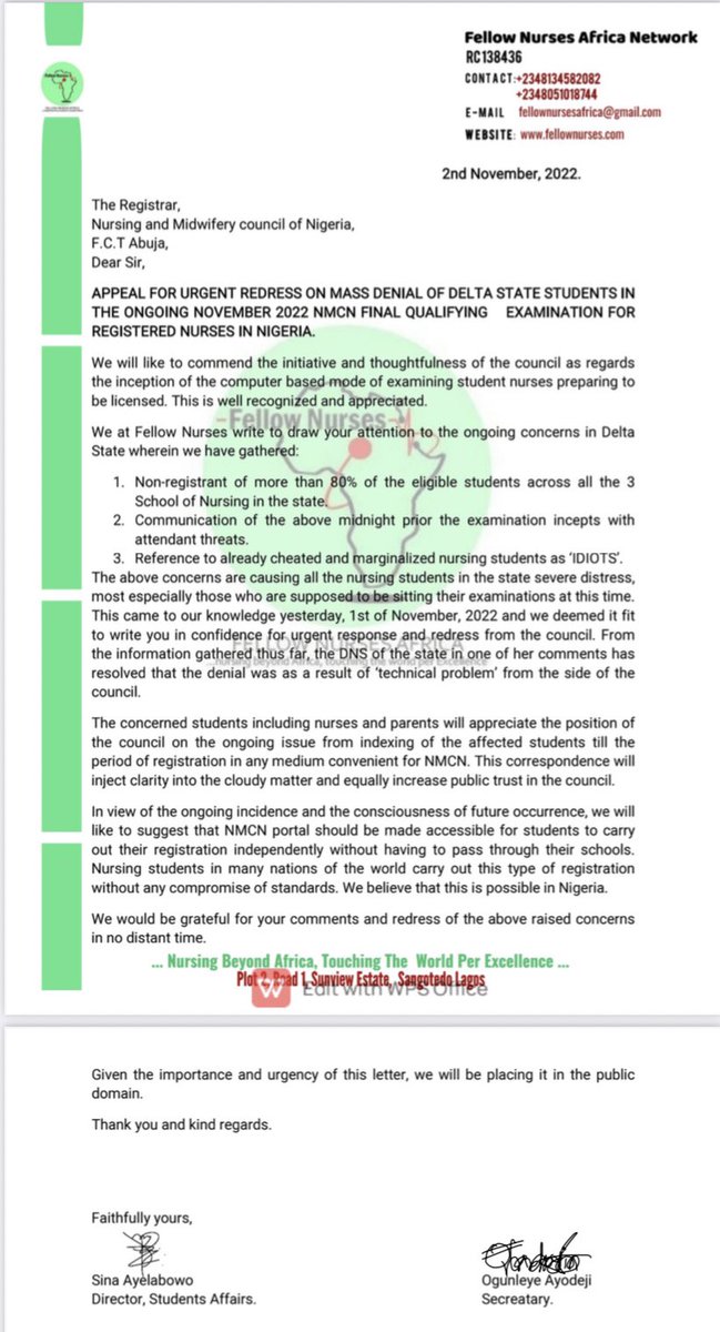 FellowNurses1's tweet image. We wrote @Nigeria_NMC registrar and @NANNM_NGR president at the early hours of yesterday to seek a redress to the ongoing issues at Delta state school of nursing. Silence isn’t an option, our leaders must start taking responsibility for the position they hold.