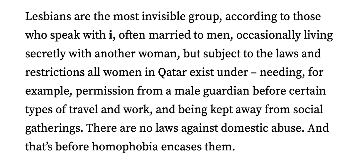 People need to understand how hidden lesbians are in Qatar. All women subject to restrictions - no domestic violence laws - plus homophobia.
There's a bar in Doha where gay men meet. I can't reveal the name for safety reasons. But women can't even go there
inews.co.uk/news/qatar-off…