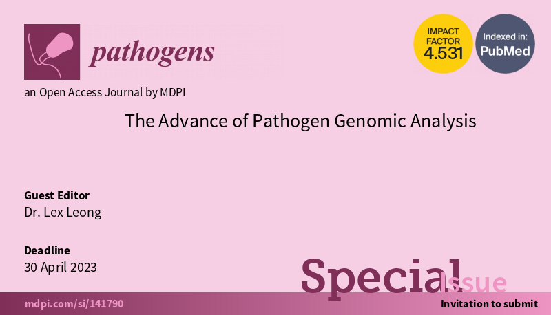 Pathogens_MDPI's tweet photo. #CallForPapers 
The Following Special Issue: "The Advance of Pathogen Genomic Analysis" is open for submissions.

👨‍🎓Edited by Dr. Lex Leong @lexleong 

👉please find more details here: https://t.co/901l3jeRxS

#pathogengenomics
#next-generation sequencing https://t.co/8hiAmG2q6B