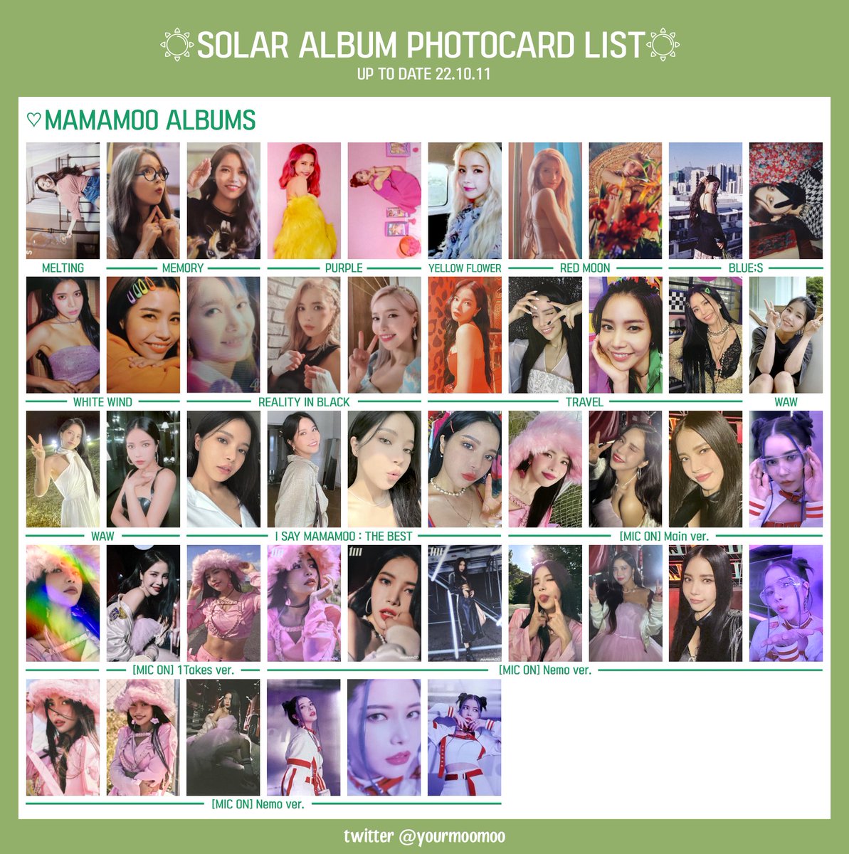 SOLAR MAMAMOO ALBUM PHOTOCARD LIST/TEMPLATE [221011] +MIC ON album