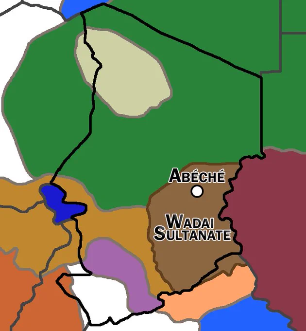 ①ワダイ帝国
チャド東部にあった国。19世紀、サハラ交易から利益を獲得し、勢力を拡大していった。ダルフールとよく戦争してたらしい。
植民地化の波には抗えず、20世紀のワダイ戦争でフランスに植民地化され滅亡する。
後にフランスの下で再興され、現在でもワダイのスルタンがチャドにいるらしい。 