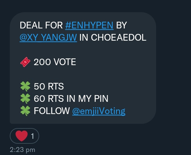 XY_YANGJW's tweet photo. DEAL FOR #ENHYPEN BY @XY_YANGJW ON CHOEAEDOL

🎟️ 200 VOTES

🍀 50 RTS
🍀 60 RTS IN MY PIN
🍀FOLLOW @emjiiVoting 

LET'S FINISH THIS DEAL QUICKLY TOO ENGENES. #ENFuelUp https://t.co/g324uXg9Fh