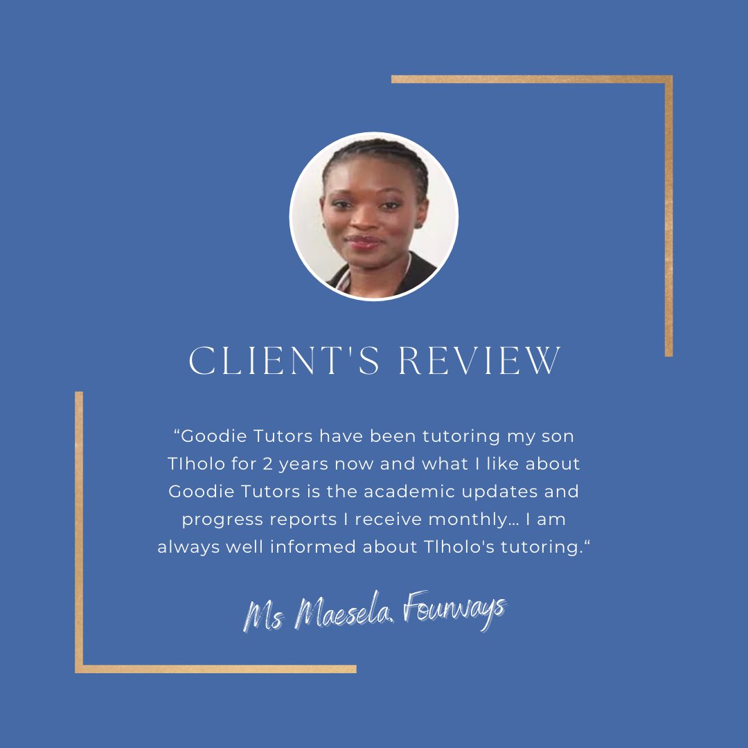 Client testimonial ⭐️⭐️⭐️⭐️⭐️

Here’s what Ms Maesela has to say about Goodie Tutors 💙

#goodietutors #clienttestimonial