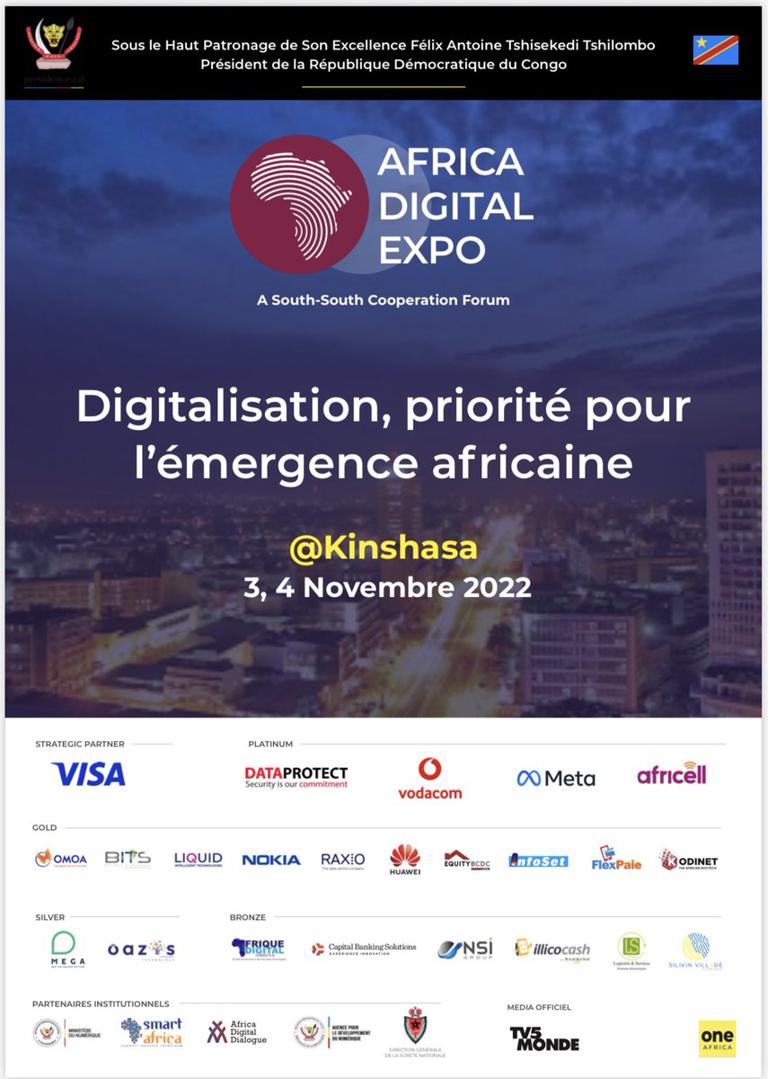 SilikinVillage's tweet image. #RDC Grand est le plaisir d&apos;être associé à l’Africa Digital Expo 2022 du 3 au 4 novembre à Kinshasa, où notre Directeur Général Raymond MENDY  interviendra ce vendredi sur l’ #Healtech, #Agritech, #Fintech, #Assurtech #transformationnumerique  #africa #stratégie #adex2022