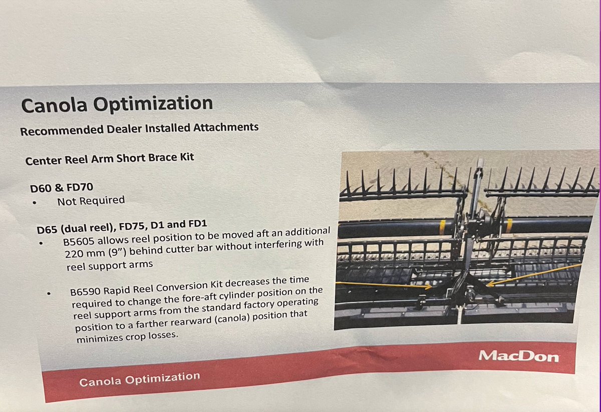 nabbott448's tweet photo. Had a look at #Macdon canola optimization for a D140 booklet today and they say to put shorter arm braces on the reel. part number B5605 Has anyone had experience with the shorter arms? or where to get any? cheers #AgTwitter #harvest22 https://t.co/bGnqLLuyBc