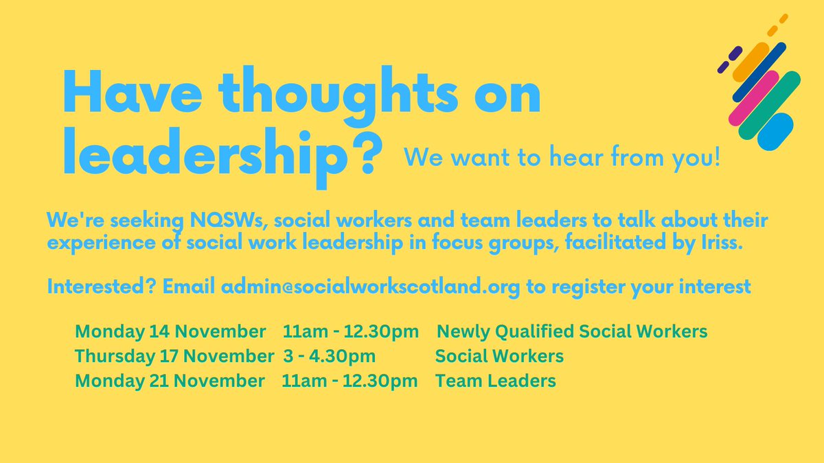 We need you! We're working with <a href="/irissorg/">Iriss</a> to develop understanding of social work leadership, and to help planning for the future. Dates below - contact us for more information.