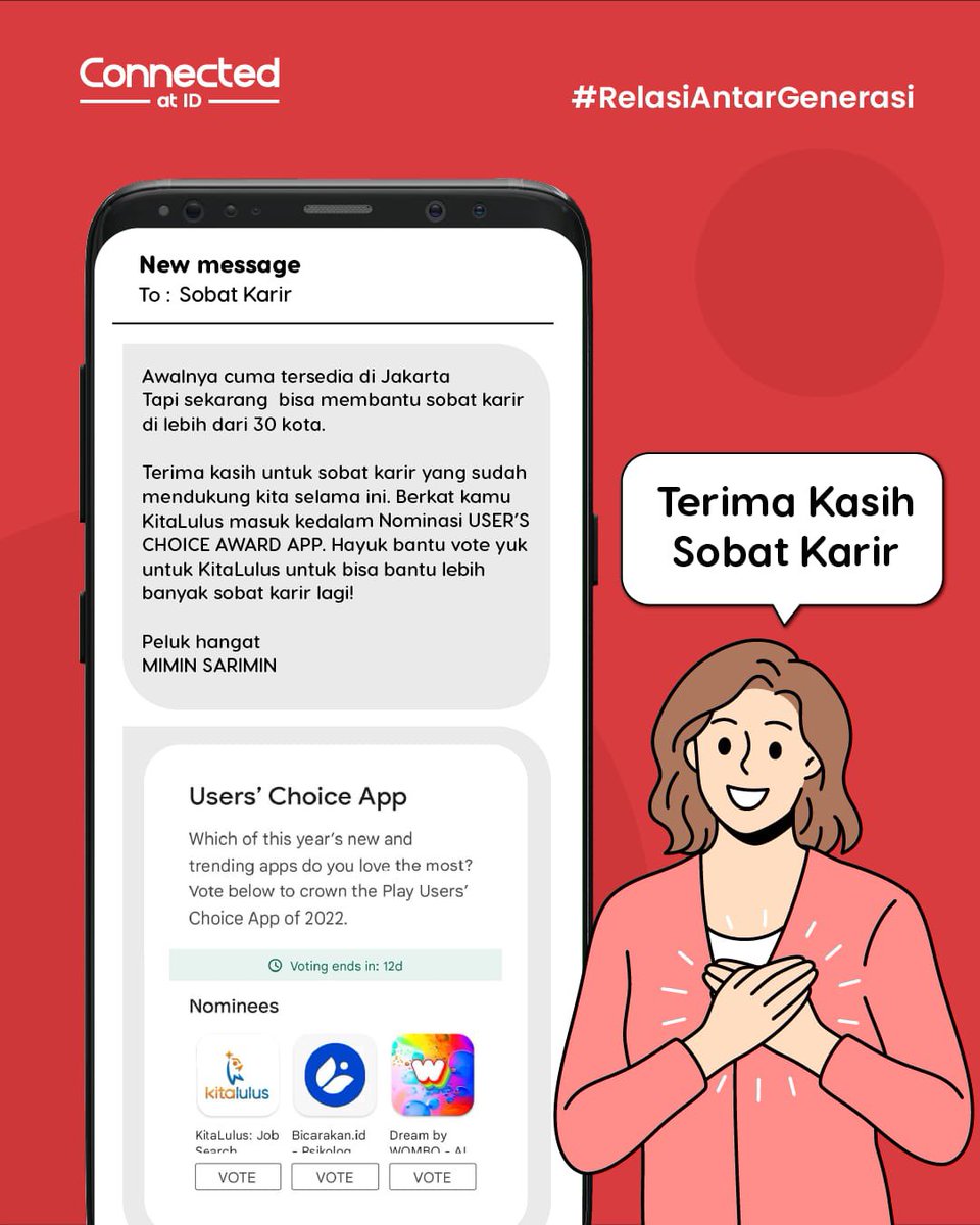 connectedatID's tweet photo. Terimakasih banyak Sobat Karir!! 🥰
Semoga antara kita dan kalian semua bisa lebih banyak berkolaborasi lagi ya❤️ bantu vote aplikasinya yuk, Klik link ini yaa!! https://t.co/27N9douqH0 https://t.co/KyDCVg9r46