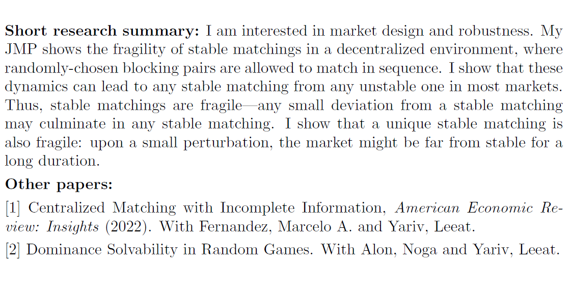 Market Design Community (@econd47) on Twitter photo Today's Market Design JMC is Kirill Rudov from <a href="/PrincetonEcon/">Princeton Economics</a>
JMP: Fragile Stable Matchings
Advisor: Leeat Yariv (<a href="/LYariv/">Leeat Yariv</a>)
Other fields: Microeconomic theory, Behavioral economics
Website: krudov.com Today's Market Design JMC is Kirill Rudov from <a href="/PrincetonEcon/">Princeton Economics</a>
JMP: Fragile Stable Matchings
Advisor: Leeat Yariv (<a href="/LYariv/">Leeat Yariv</a>)
Other fields: Microeconomic theory, Behavioral economics
Website: krudov.com