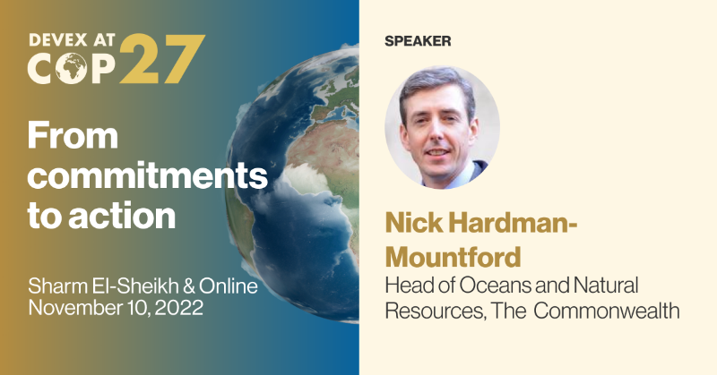 devex's tweet photo. Register for Devex @ COP 27 and hear from @nmco2, head of oceans and natural resources @commonwealthsec.

#DevexEvent @ #COP27